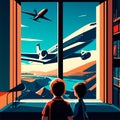 Illustration of a boy and his father looking through the window of an airplane Generative AI