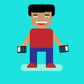 Illustration of a boy holding two phones