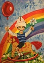 Illustration boy horseback and rainbow