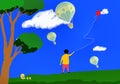 Illustration Of A Boy With Kite, Blue Sky, Air Balloons, Tree, Cloud, Birds, On Landscapes Background.