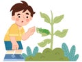 Illustration of Boy Observing Caterpillar on Plant Royalty Free Stock Photo