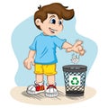 Illustration of boy person throwing trash into recycle bin, recycling trash