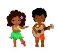 Illustration of boy playing guitar and hawaiian girl hula dancing Royalty Free Stock Photo