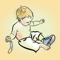 Illustration of boy putting on shoes. Little Boy Put Shoes On.