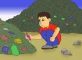 illustration of a boy in a red shirt finding a pen in a pile of rubbish