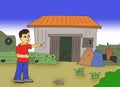 illustration of a boy in a red shirt showing a pile of rubbish