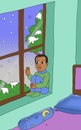 illustration of a boy sitting in front of the window watching the snow fall Royalty Free Stock Photo