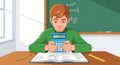 Boy Studying Math with Calculator. School Education Concept. Royalty Free Stock Photo