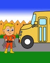 illustration of a boy in a superhero costume waiting for the school bus