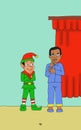 illustration of a boy thinking in front of a dwarf in a green shirt