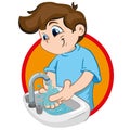 Illustration of a boy with tuft, washing his hands in a sink with running water Royalty Free Stock Photo