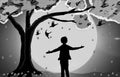 Illustration Of A Boy Welcome Sunrise, With Black And White. Background. . Royalty Free Stock Photo