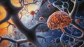 Illustration of brain cells, central nervous system. Complex nerve cells with intricate structures detailed. Orange-red cells Royalty Free Stock Photo