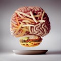 Illustration of a brain made from fast food, like a hamburger and chips, unhealthy eating and lifestyle, risk for obesity