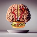 Illustration of a brain made from fast food, like a hamburger, unhealthy eating and lifestyle, risk for obesity and diabetes