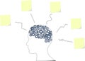 Illustration of a brain with many ideas on a stickers