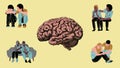 Illustration of a brain and sad people. Mental illness