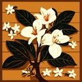 Illustration of a branch of a blossoming tree on a wooden background Generative AI