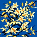 Illustration of a branch of a blossoming tree with yellow flowers on a blue background Generative AI