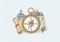 Illustration of a brass compass with cardinal directions, featuring a red needle pointing north. Royalty Free Stock Photo
