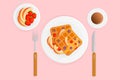 illustration of breakfast with coffee waffles and berries on a pink background. Belgian waffles with blackberries
