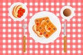 illustration of breakfast with coffee waffles and berries on a red checkered tablecloth. Belgian waffles with