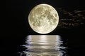 Breathtaking visual a full moon over the ocean with reflection on the water, black background, hyper realistic photography Royalty Free Stock Photo