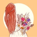 Illustration of a bride`s backside holding a bouquet of bright flowers. Digital art of a redhead woman preparing for the wedding.