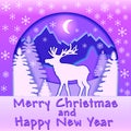 bright Christmas card with a deer in the forest at night on a background of rocks in paper style Royalty Free Stock Photo