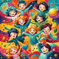 Illustration children joyful cheerful smiling mush hands
