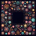 illustration of bright and colorful fireworks making a border or frame with copy space on black Royalty Free Stock Photo