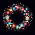 illustration of bright and colorful fireworks making a border or frame with copy space on black Royalty Free Stock Photo