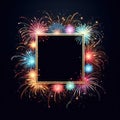 illustration of bright and colorful fireworks making a border or frame with copy space on black Royalty Free Stock Photo