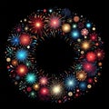 illustration of bright and colorful fireworks making a border or frame with copy space on black Royalty Free Stock Photo