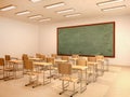 Illustration of bright empty classroom with desks and chairs