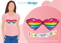 Illustration of a bright and fashionable t-shirt for girls with trendy quote `Love every day` and a decorative element of sunglass
