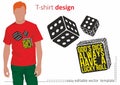 Illustration of a bright and fashionable t-shirt with quote `God`s dice always have a lucky roll` and dice where all sides are six Royalty Free Stock Photo