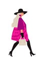 Illustration of a bright girl in a black hat. Vector. Glamorous image of a lady in pink. Flat style