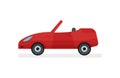 Flat vector icon of bright red cabriolet, side view. Passenger car with open roof. Urban transport Royalty Free Stock Photo