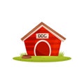 Flat vector icon of bright red wooden dog house and brown water bowl on green lawn. Booth of pet. Farm theme