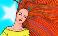Woman with red hair biting lip. illustration of bright redhead woman biting red lip on blue background. Retro pop art