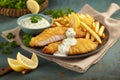 Illustration of British traditional fish and chips with tartar sauce. fast food, unhealthy food menu. Image created with