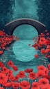 Illustration of broken bridge over river with red poppies Royalty Free Stock Photo