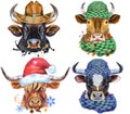 Set of watercolor bulls on white background. Royalty Free Stock Photo