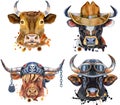 Set of watercolor bulls on white background. Royalty Free Stock Photo