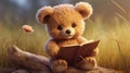 illustration of a brown teddybear reading a book outdoors Royalty Free Stock Photo