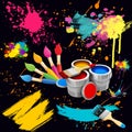 An illustration of brushes for painting, paint cans, various blobs, brushstrokes
