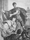 An illustration of Brutus and the death of Caesar in the old book Shakespeare, by N. Kozhevnikov, 1894, Moscow Royalty Free Stock Photo