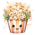 Illustration of a bucket of popcorn with a cartoon face.