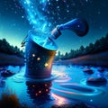 illustration of a bucket of water on a background of the night sky Generative AI